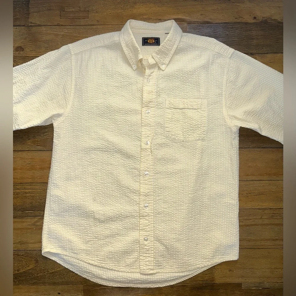 ROUTE 66 Vintage Seersucker button up shirt in butter yellow and white 90s - Picture 2 of 11